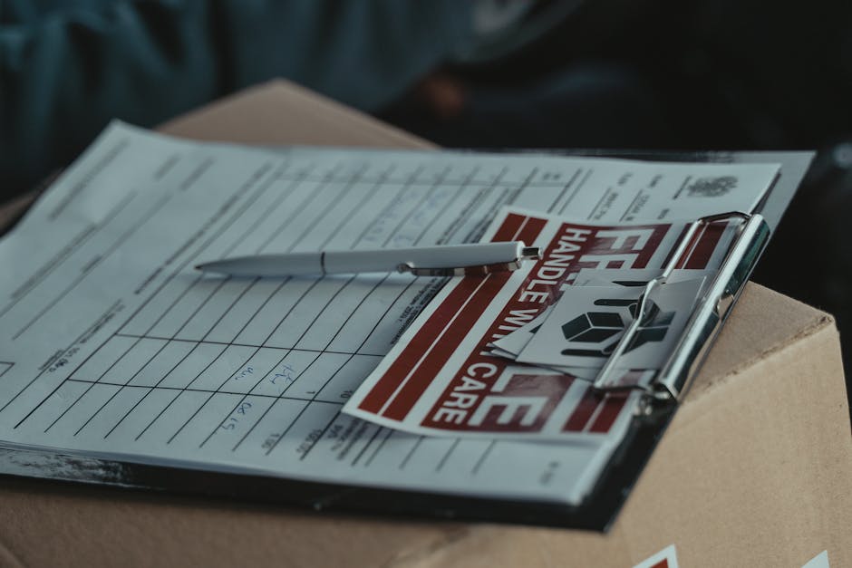 A close-up view of a clipboard holding a moving quote document, with a white pen resting on top of it, situated on a cardboard box in a home or vehicle interior. Next to the clipboard, there is a small tag displaying a stylised house icon and an arrow, indicating furniture or belongings packing for a home relocation. The background shows a blurred interior environment with sourcing for transparent handling and packing arranged for a professional house removals service, likely provided by Man with Van Leytonstone, in the context of furniture transport and loading process for moving logistics at Leytonstone. The lighting is natural, highlighting the paperwork and packaging materials used during the moving preparations, ensuring a clear view of the typical elements involved in a professional house removal operation.