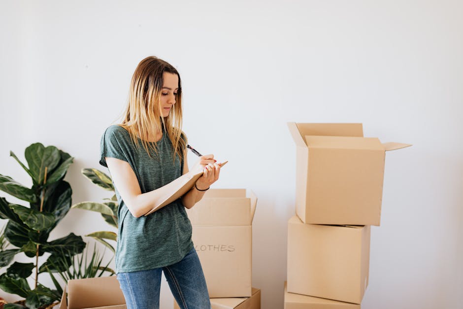 A young woman with long, straight blonde hair wearing a casual grey t-shirt and blue jeans stands indoors in front of a stack of cardboard boxes, some of which are open and labeled for packing clothes. She is holding a clipboard and pen, appearing to note details related to home relocation or packing tasks. The background features a white wall and a potted plant with broad green leaves, indicating a domestic setting. This scene captures the preparatory phase of furniture transport and packing during a professional removals service, such as those offered by Man with Van Leytonstone, emphasizing organization and packing processes involved in house removals.